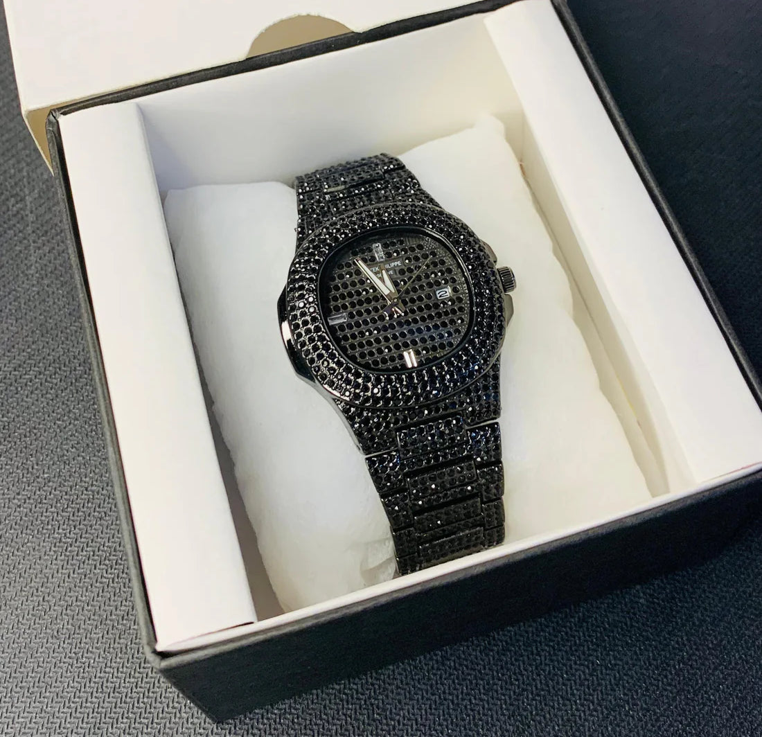 NEW Watch Collection Black Stone / Blacked Iced Out Stain-Less Steel Chain Watch For Mens Fashion (Black Without Box)